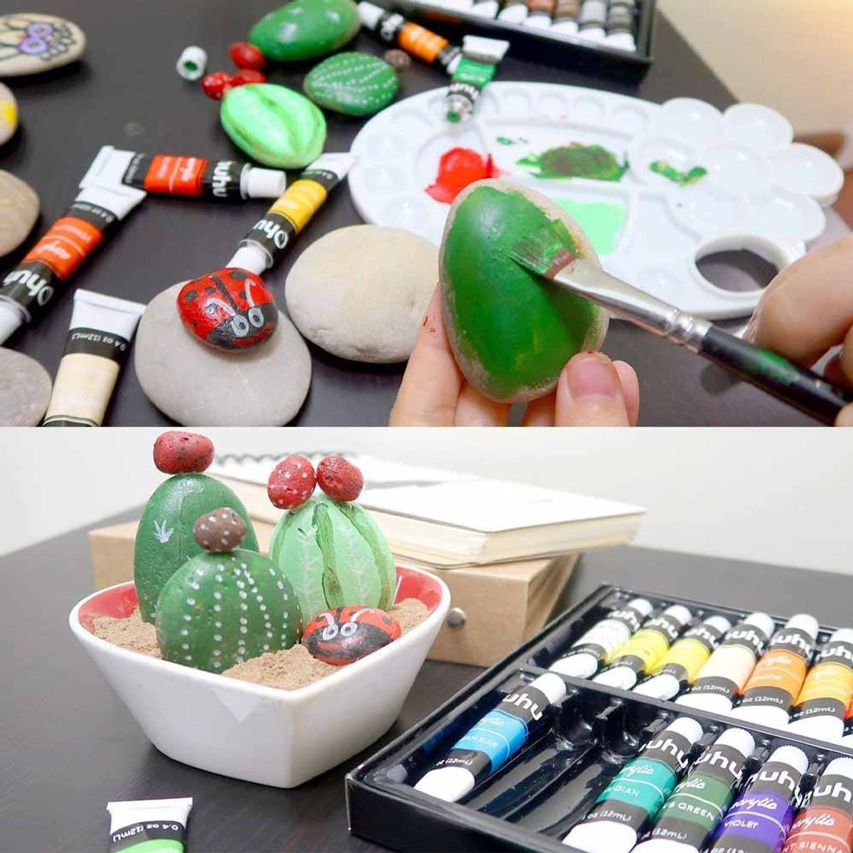 OHUHU - Set 24 Pinturas Acrílicas 12ml + 6 Pinceles