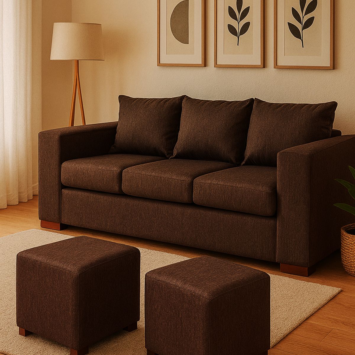 DKORA - Living City sofá 3 cuerpos + 2 puff Café