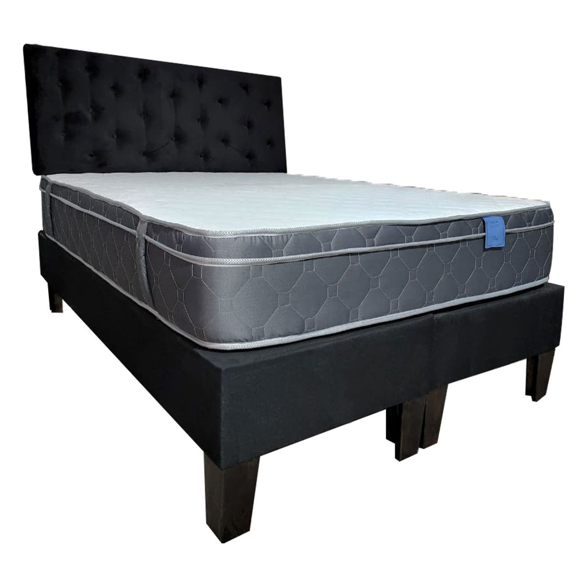 MUEBLES HVM - Cama Ame. 2P  Colchon Premium Tanon  Respaldo Negra Felpa Pmadera