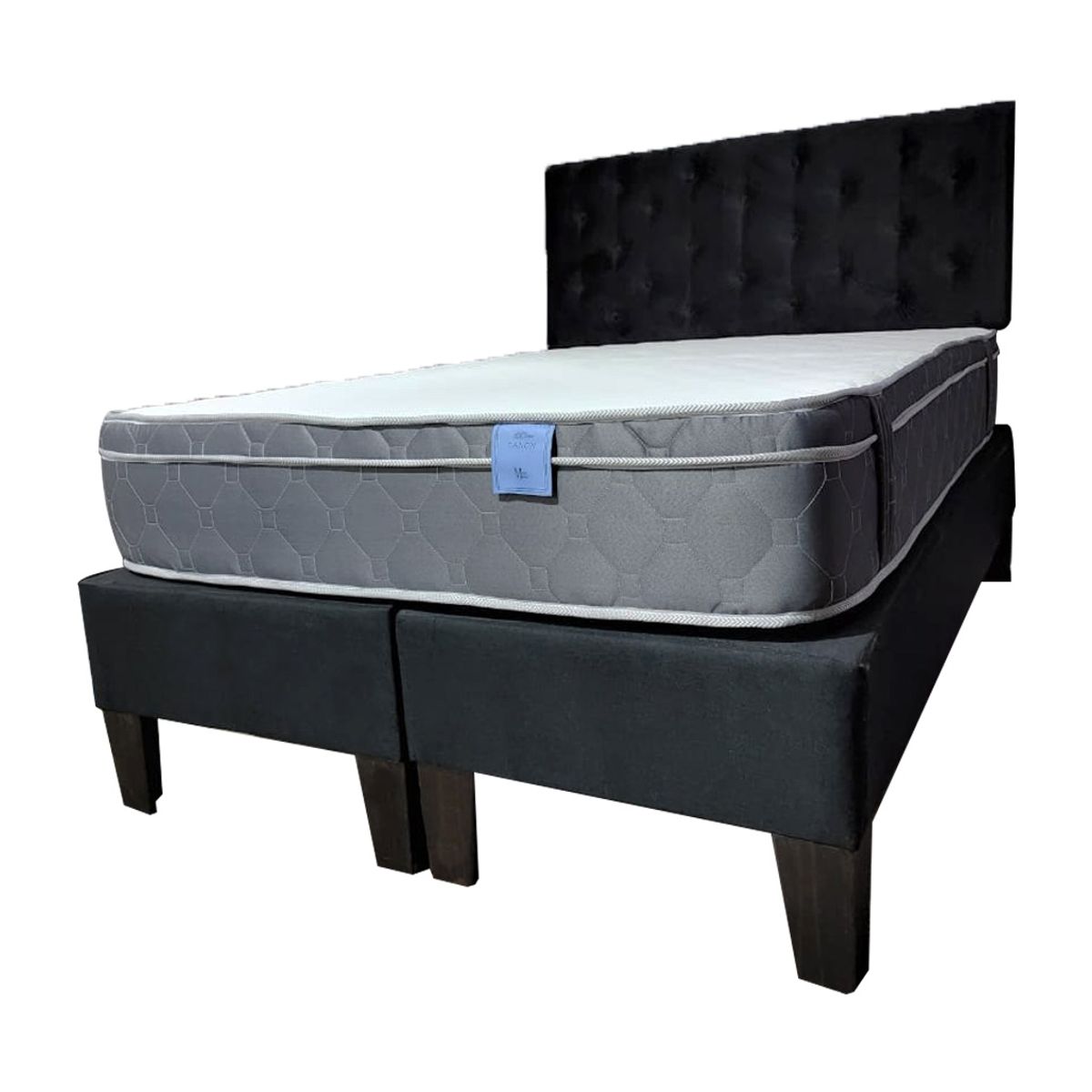 MUEBLES HVM - Cama Ame. 2P  Colchon Premium Tanon  Respaldo Negra Felpa Pmadera