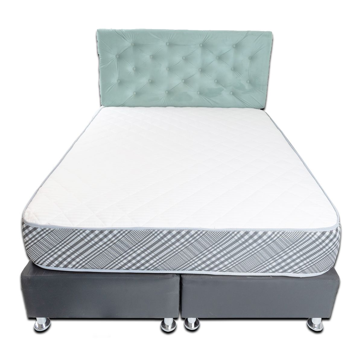MUEBLES HVM - Cama HVM 2 Plaza Negra Felpa Respaldo Verde Menta Botone PMetal