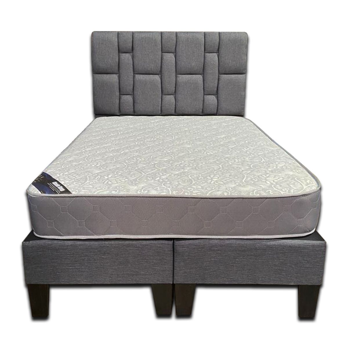 MUEBLES HVM - Cama HVM 2P Colchon de Resortes Respaldo Rolex Gris Felpa PMadera