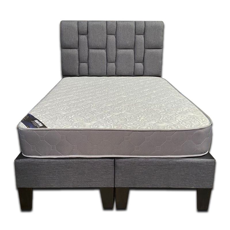 MUEBLES HVM - Cama HVM 2P Colchon de Resortes Respaldo Rolex Gris Felpa PMadera