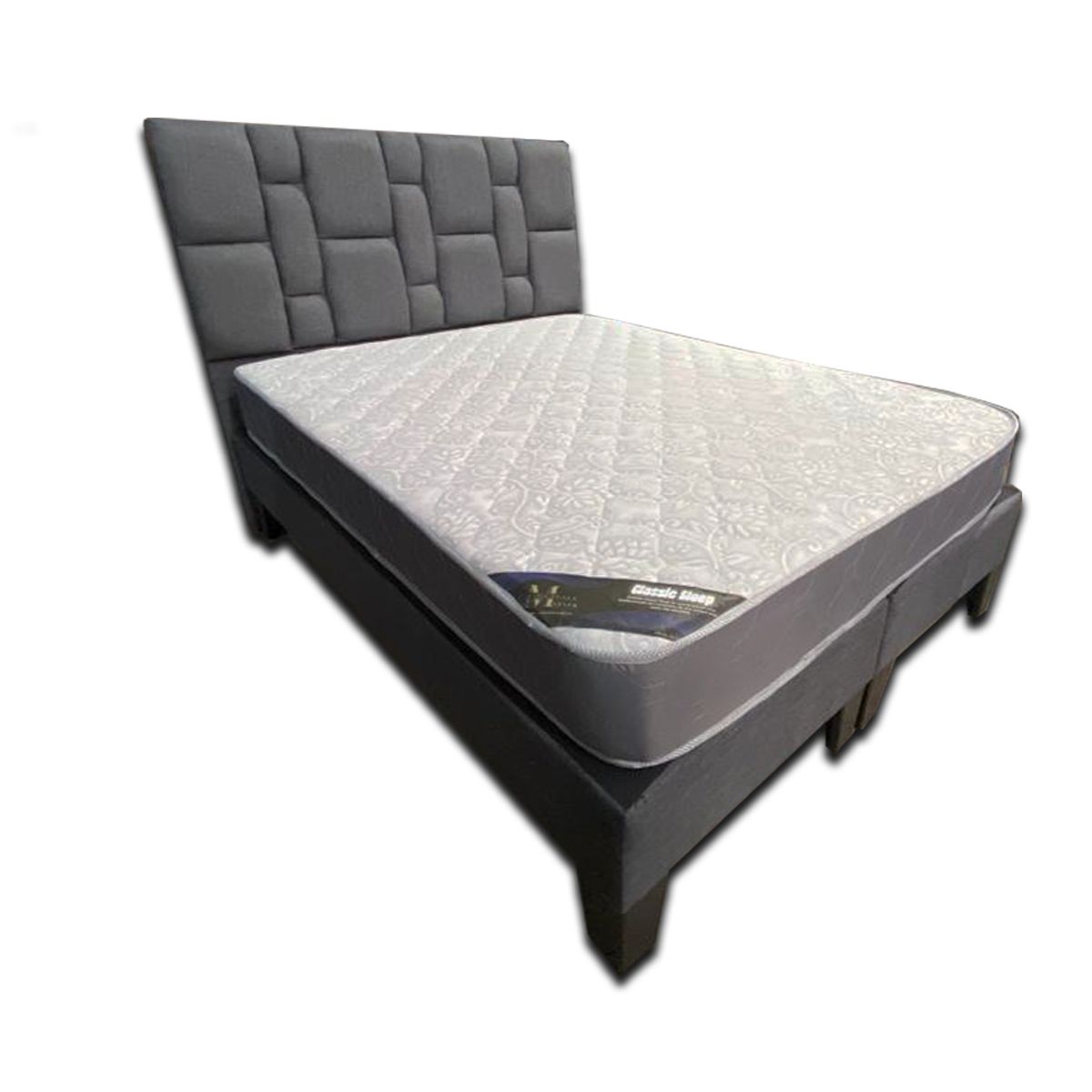 MUEBLES HVM - Cama HVM 2P Colchon de Resortes Respaldo Rolex Gris Felpa PMadera