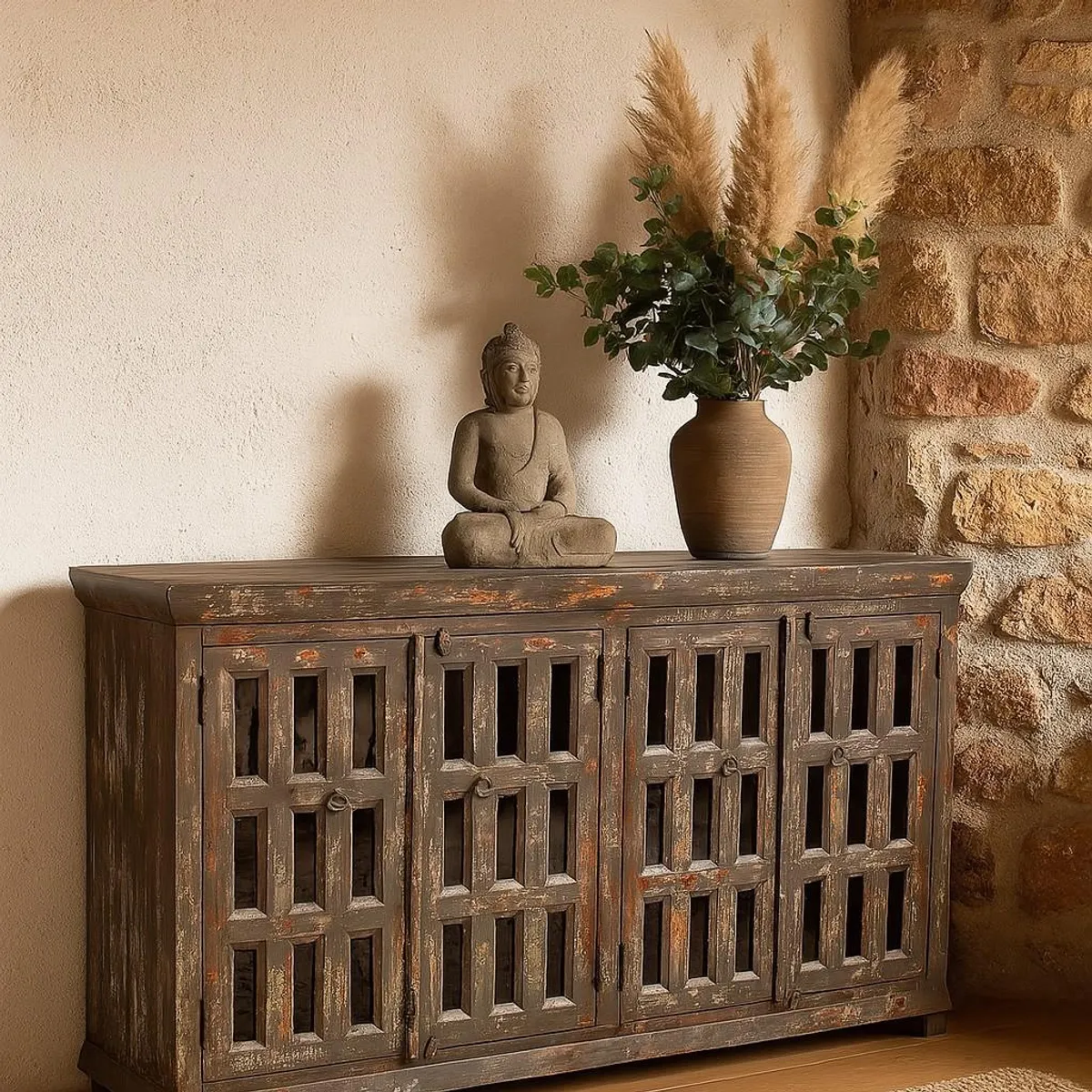 MEYA MUEBLES - Buffet Bengala madera reciclada color gris envejecido y vidrio 105x180x40