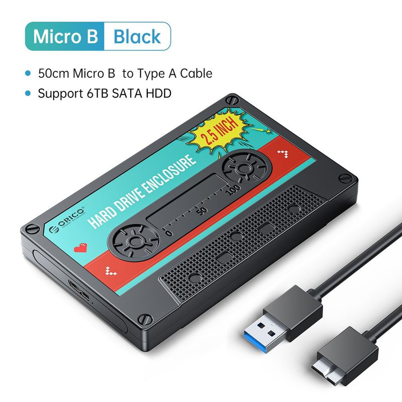 ORICO - Cofre Diseño Cassette Negro Orico 2.5 3.0 Disco Duro HDD & SSD + Cable