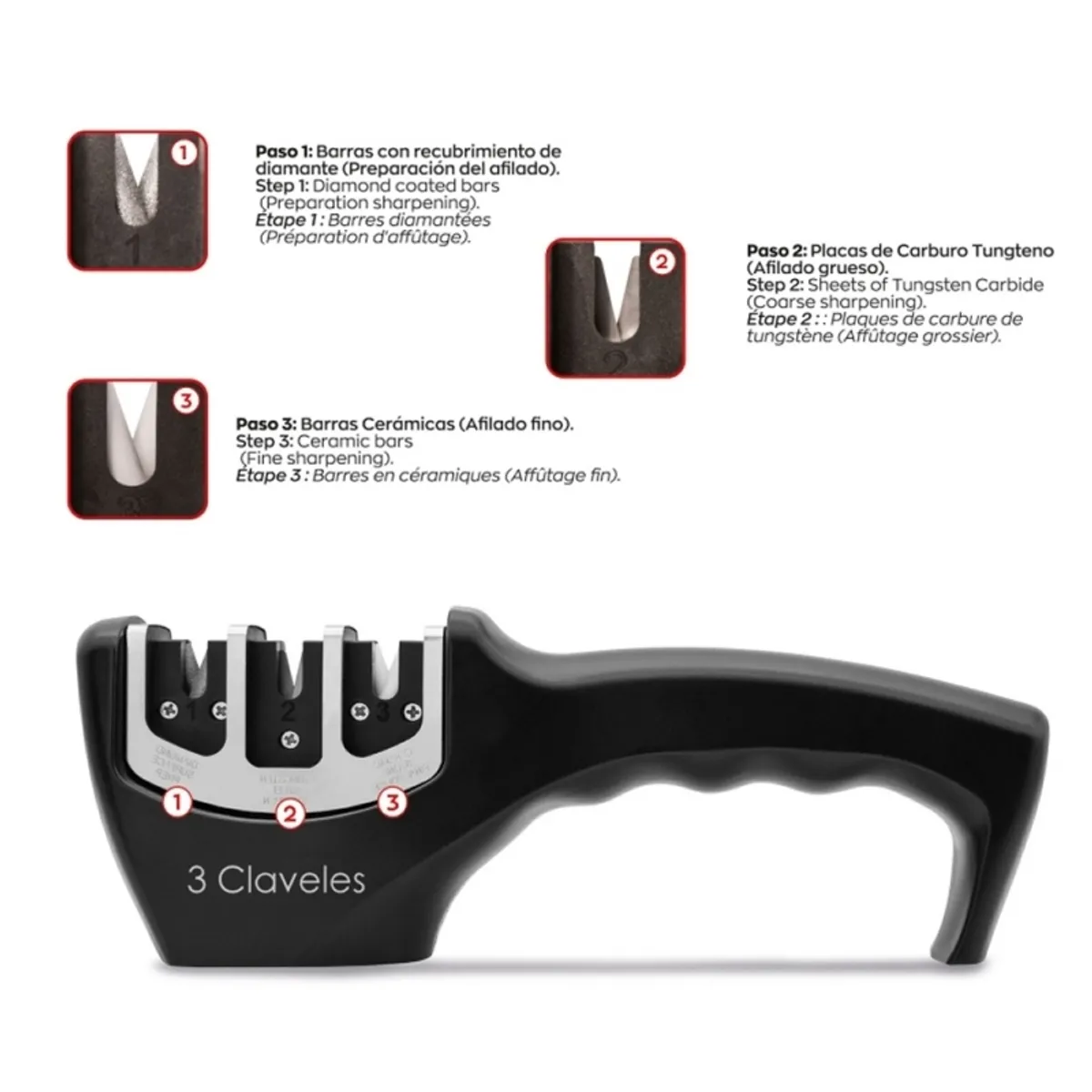 3 CLAVELES - Afilador de Cuchillo 20 CMS. 3 en 1