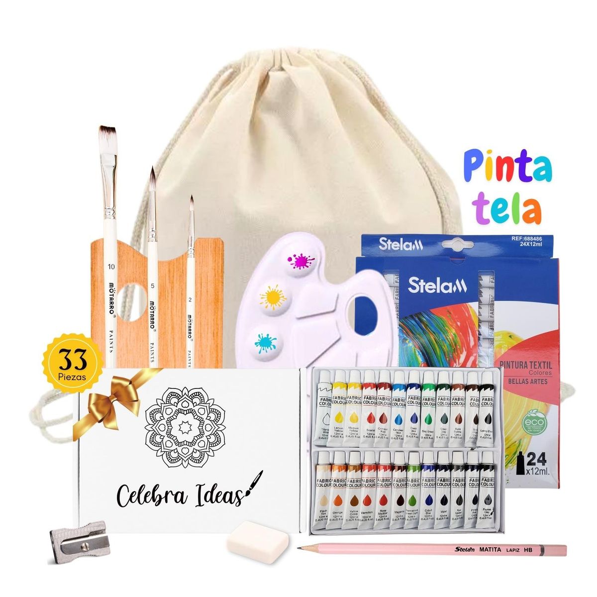 CELEBRA IDEAS - Kit de Arte pinturas de telas 24 colores Set arte de 33 pcs
