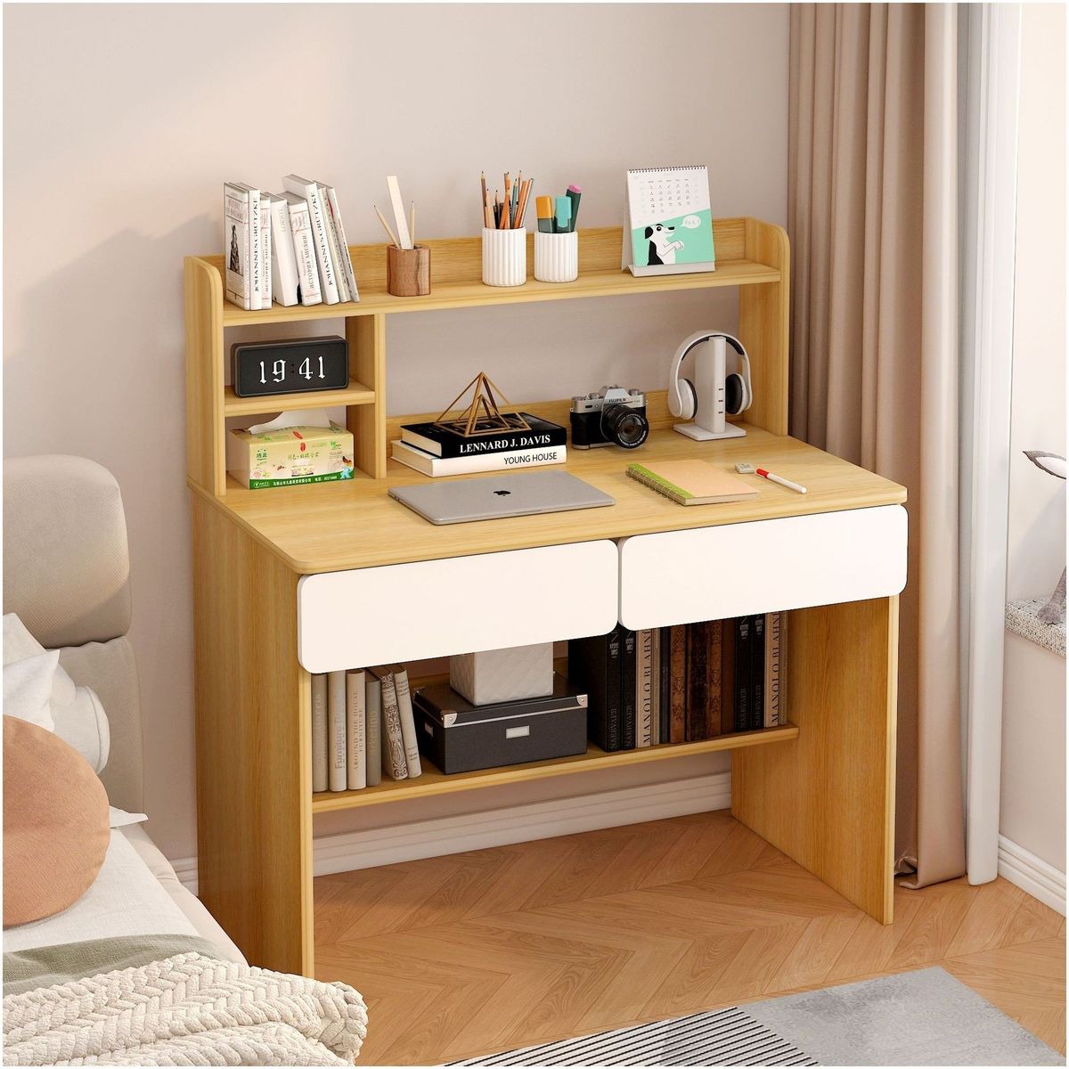 HOMER DESIGN - Escritorio Con Cajones Estanteria Para Libros Y Organizador 80x50x110