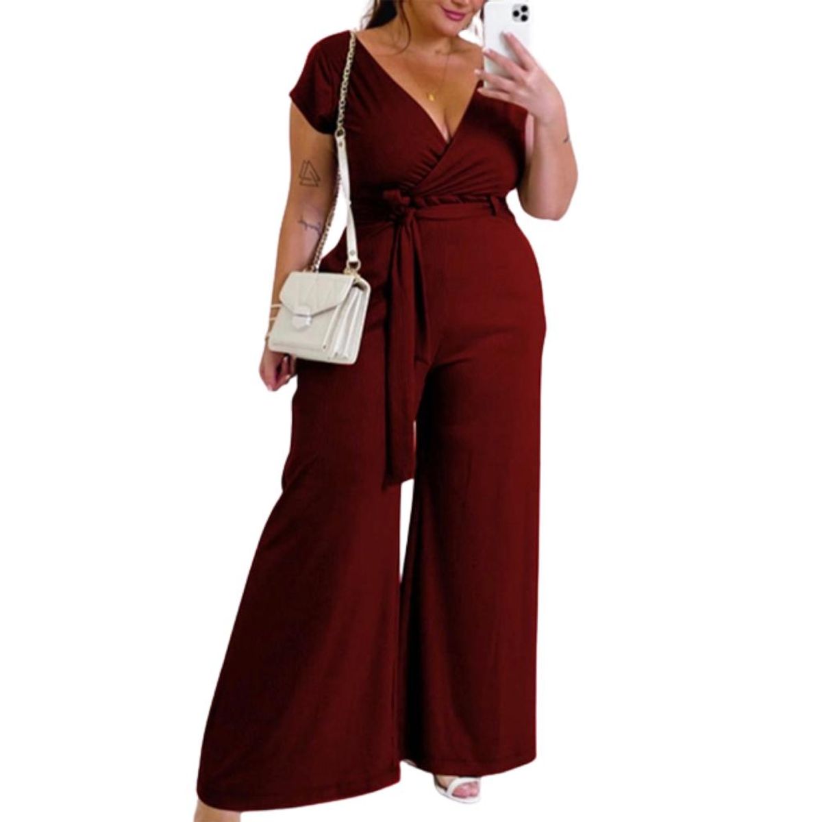 GENERICO - Enterito Plus size modelo Palazzo Ana color Burdeo