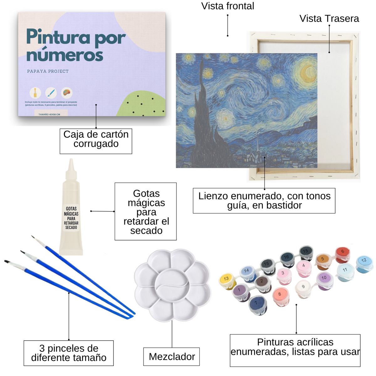 GENERICO - Kit Pintura Por Números Noche estrellada- Painting By Numbers- Incluye Marco