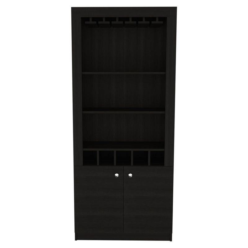 FMFURNITURE - Bar Alto 5 Botelleros y Portacopas - Cafe Oscuro y Negro 175x75x36.5 cm