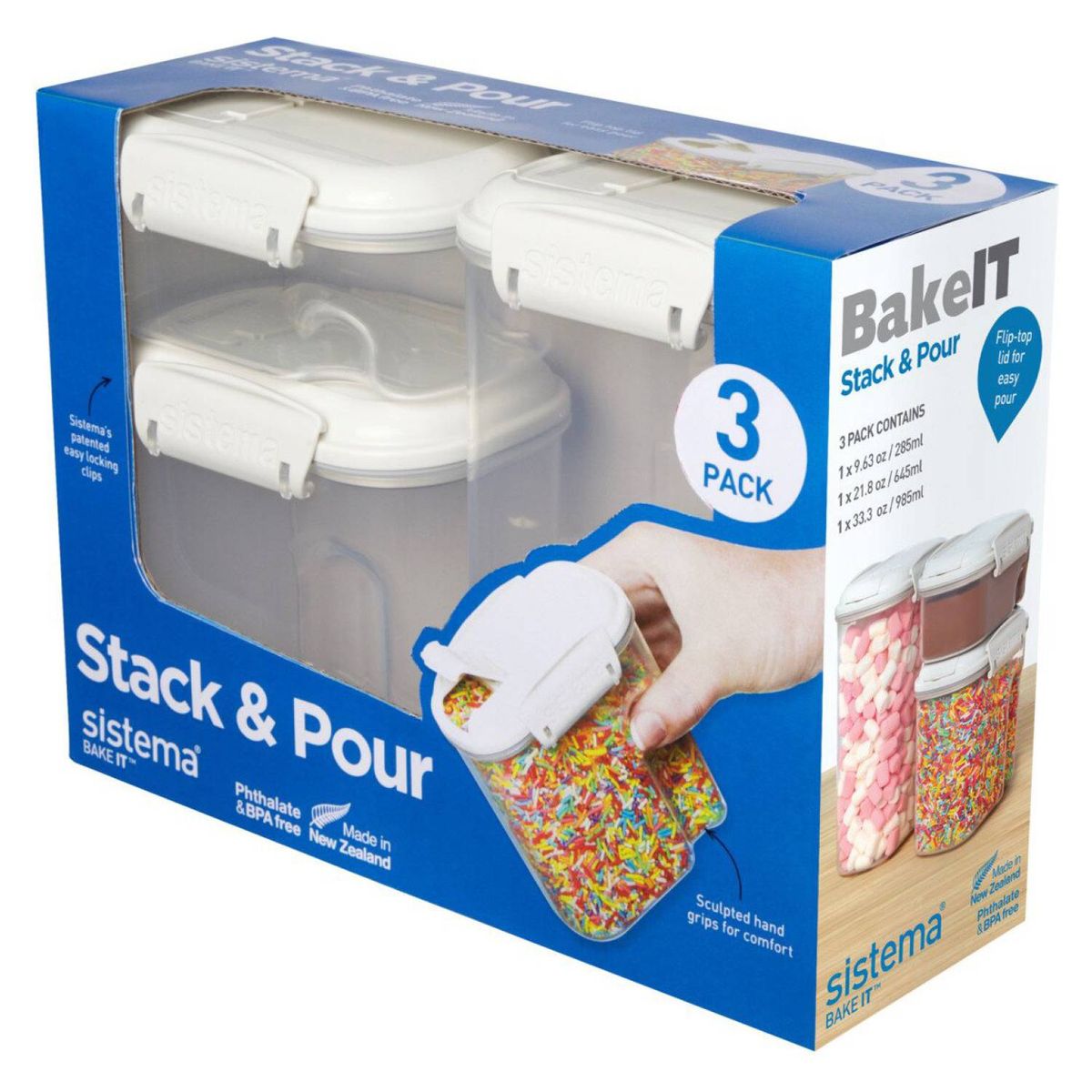 SISTEMA - Set de 3 Contenedores con Tapa Dispensadora - Fabricado en Nueva Zelandia