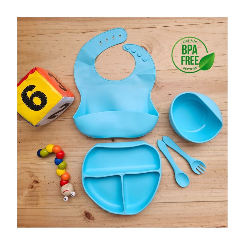 GENERICO - Set alimentacion silicona para bebe - niño 5 Piezas celeste
