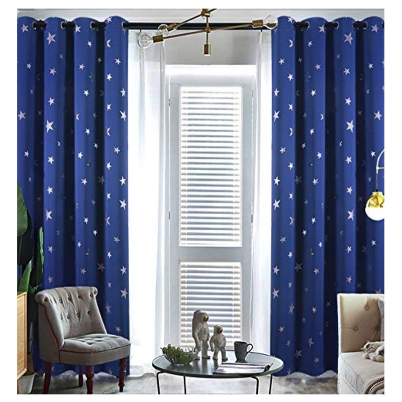 COMPRAPO - Set 2 Cortinas Gruesas Azul Infantil Estrellas y Lunas Plateadas