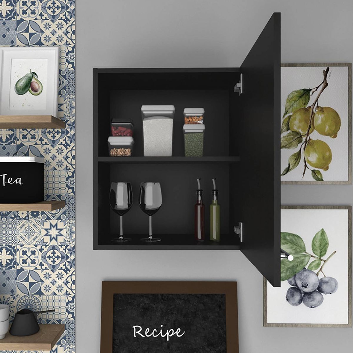 FMFURNITURE - Mueble De Cocina Aereo 1 Puerta Negro 170x60x30 cm