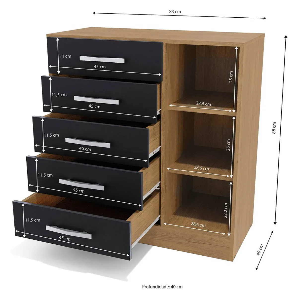 YARDAS - Cómoda Yardas Beatriz Negro / Angelín 5 Cajones 1 Puerta