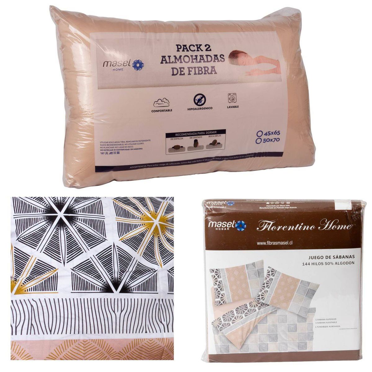 MASEL - Set jgo sabanas tie  beige y  2almohadas eco 50x70