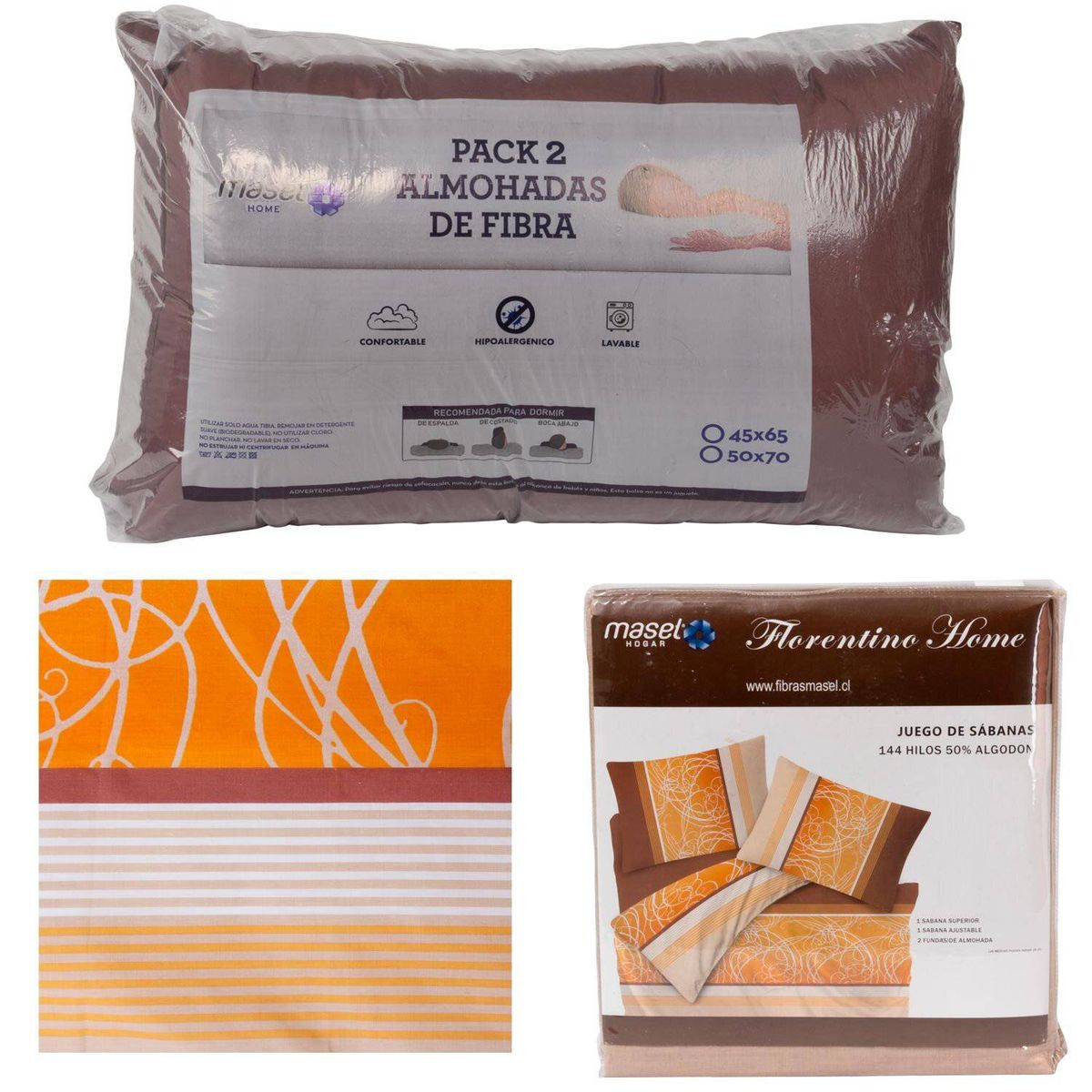 MASEL - Set jgo sabanas sinuo  chocolate   y 2 almohadas eco