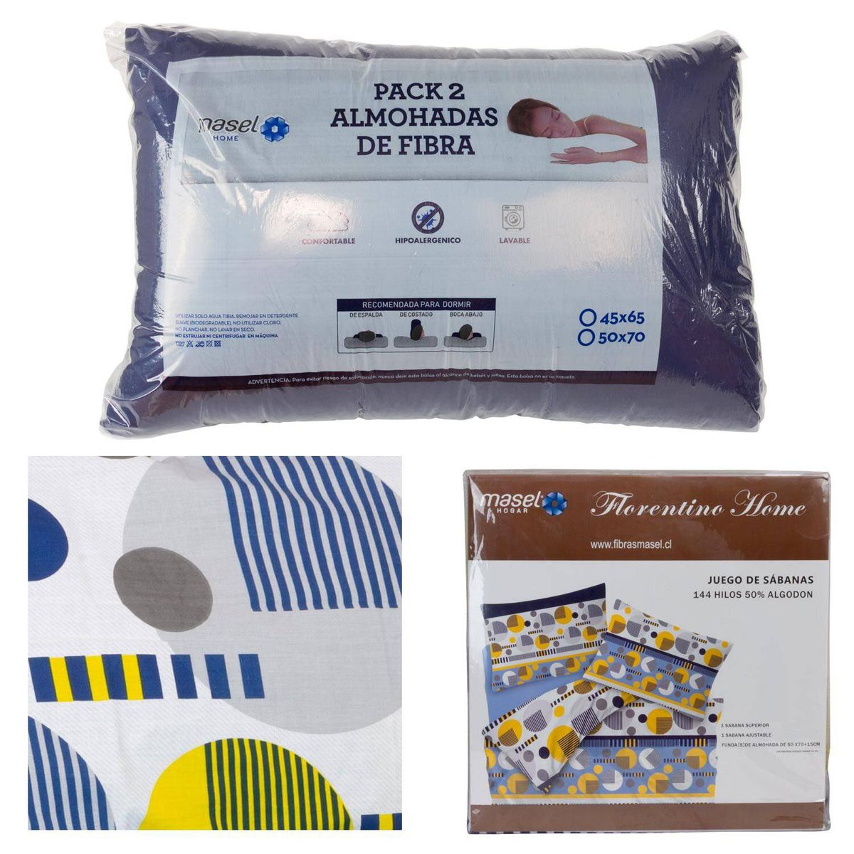 MASEL - Set jgo sabanas King  azul  y pack  2almohadas 50x70