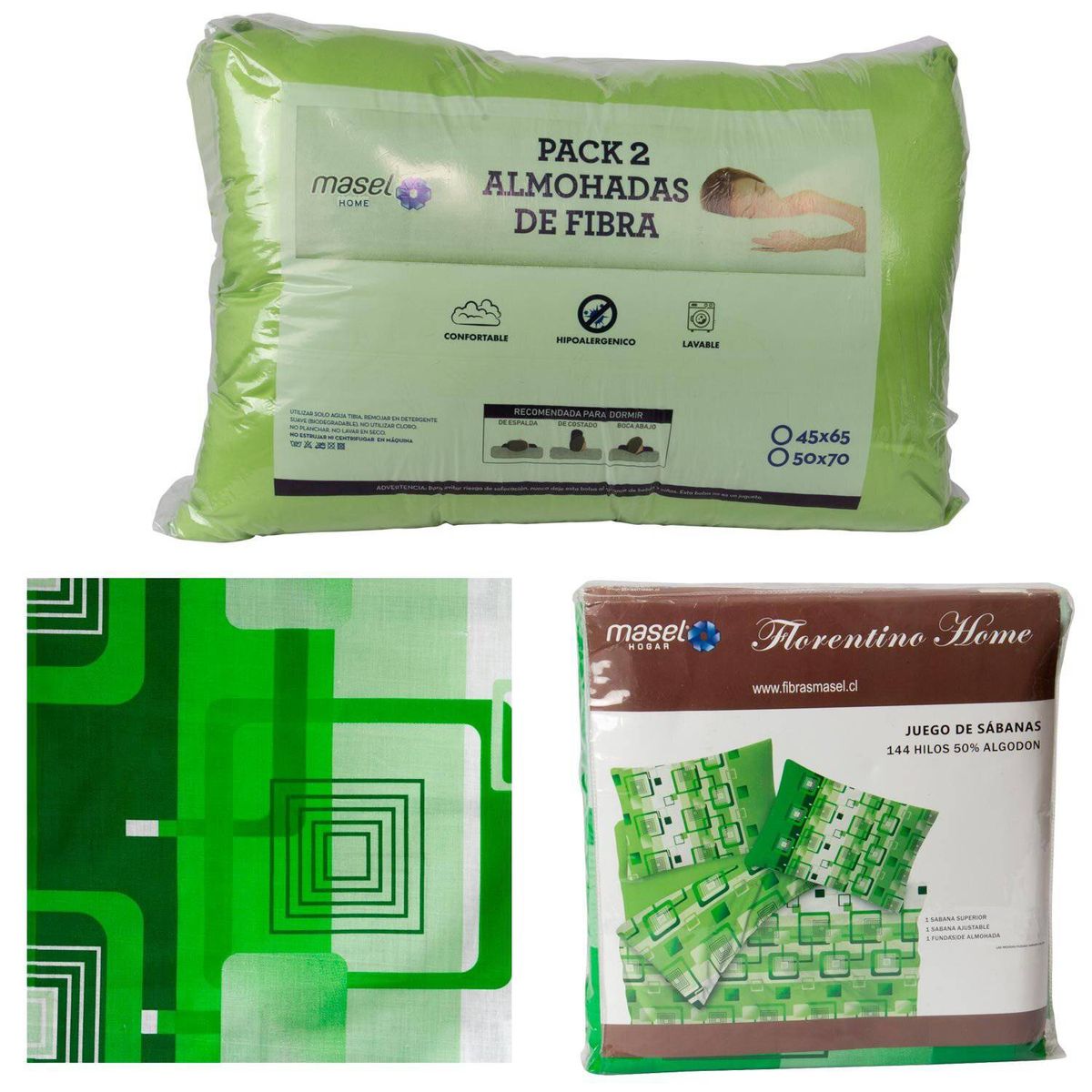 MASEL - Set jgo sabanas cuadros ver  2almohadas eco 50x70