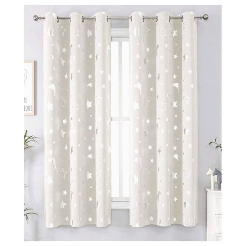 COMPRAPO - Set 2 Cortinas Gruesas Blancas Infantil Estrellas y Lunas Plateadas