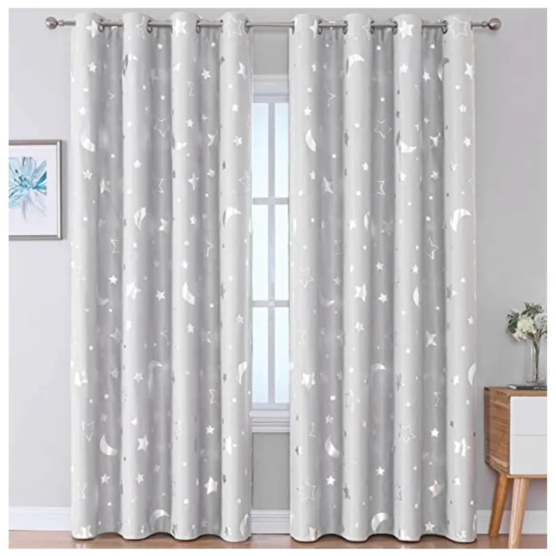 COMPRAPO - Set 2 Cortinas Gruesas Gris Infantil Estrellas y Lunas Plateadas