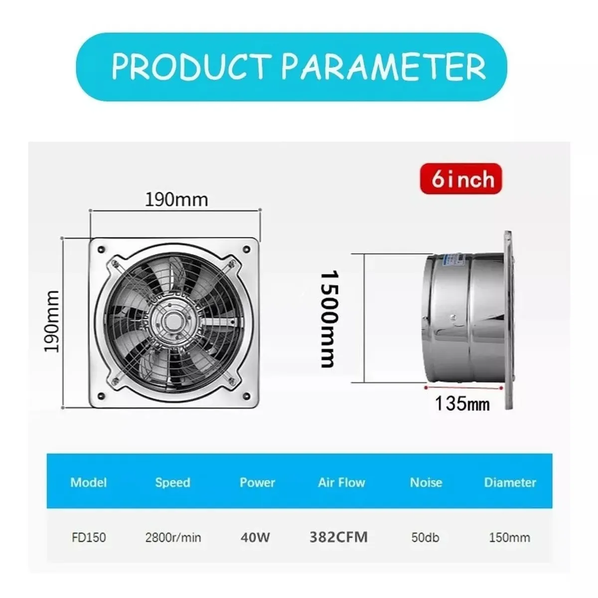 KUANGYE - Extractor De Aire Metálico Industrial 6 Pulgadas Para Baño Cocina