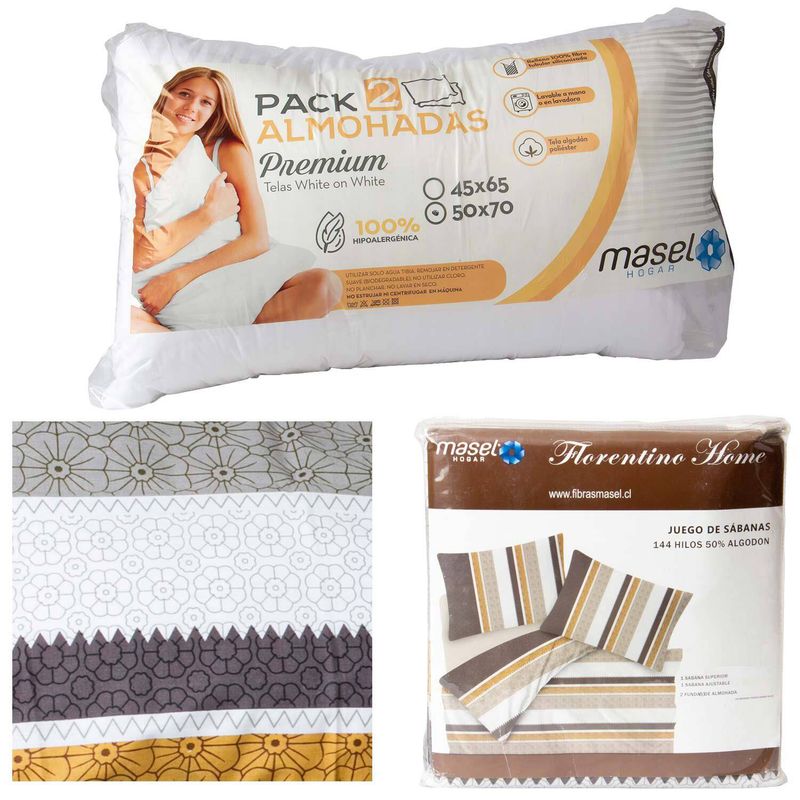 MASEL - Set jgo sabanas rayas taupe  almohadas premium.