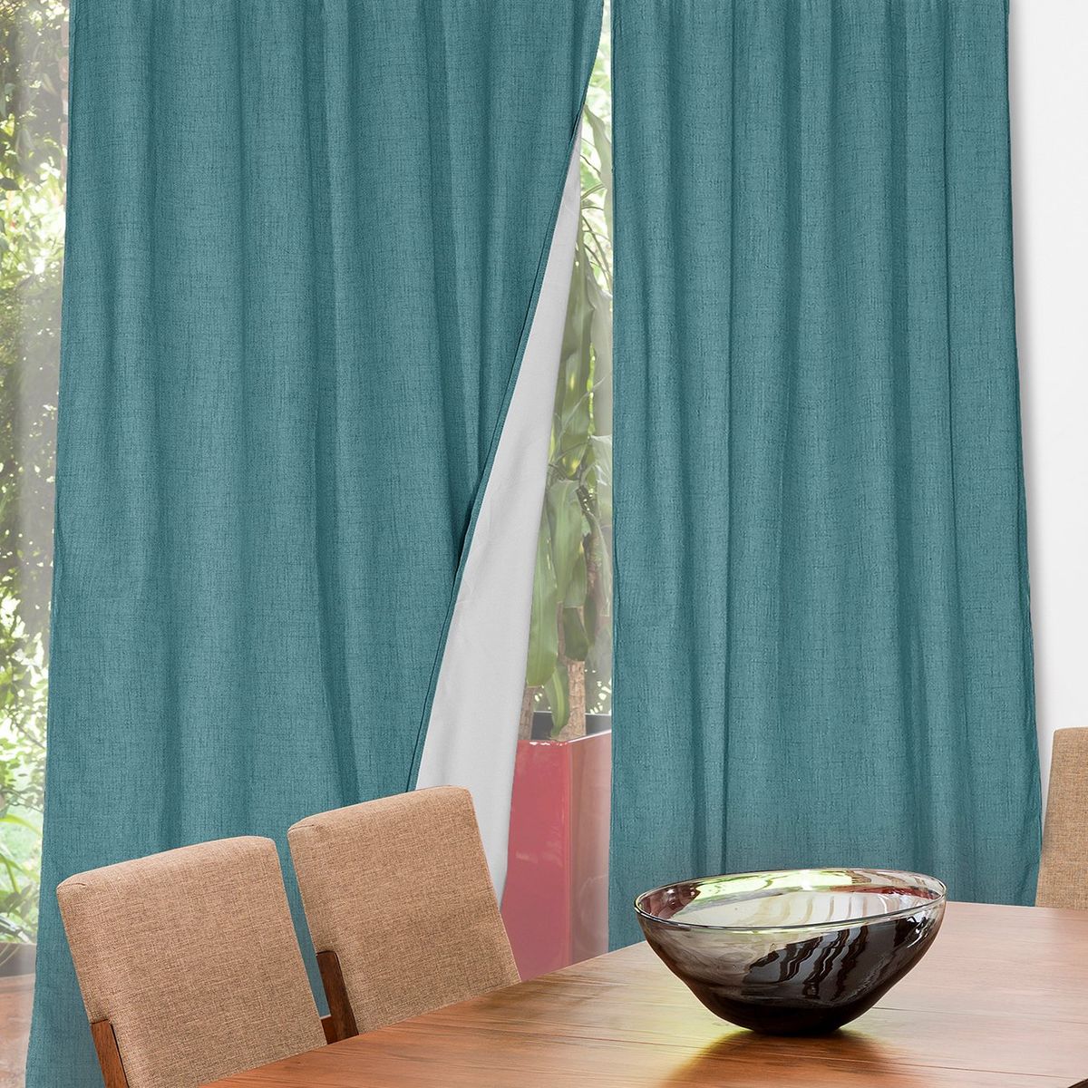 MASEL - Set  2 cortinas Black Out lino Turquesa 140 x 225