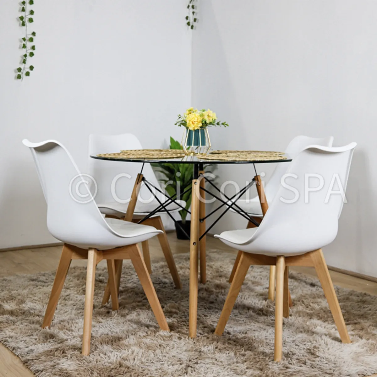 CORI CORI - Juego de Comedor Mesa Eames Vidrio 100 cm + 4 Sillas Tulip Blancas