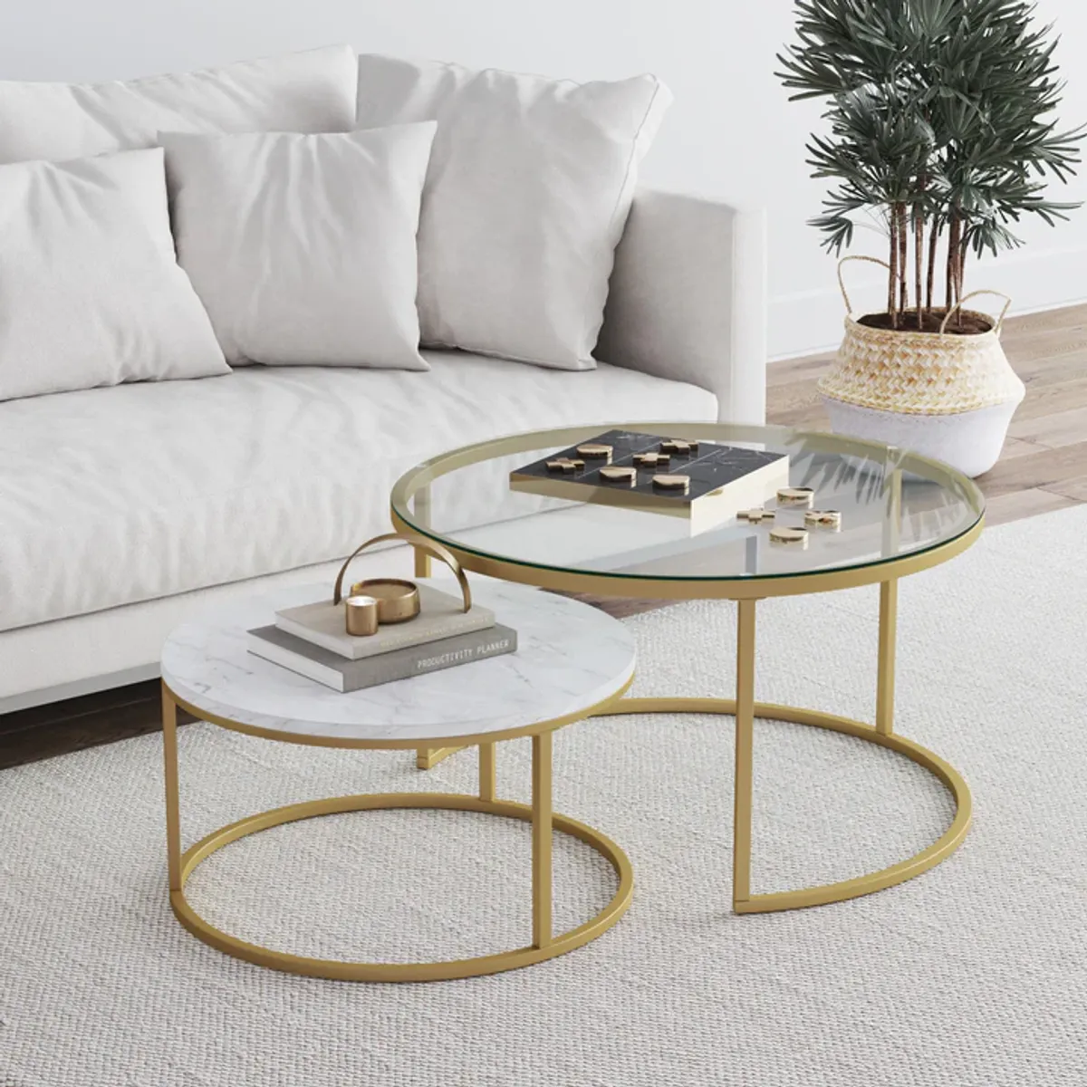 GENERICO - Mesa de centro Nido Dorada 60 cm + 40 cm Vidrio / Mármol - Viatto