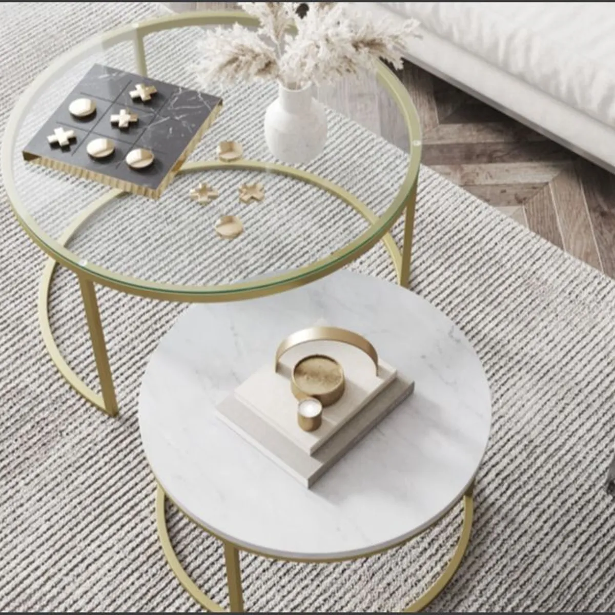 GENERICO - Mesa de centro Nido Dorada 60 cm + 40 cm Vidrio / Mármol - Viatto