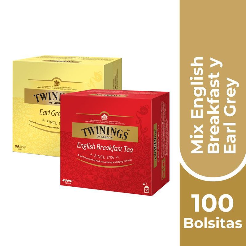 TWININGS - PACK 50 Bolsitas English Breakfast + 50 Bolsitas Earl Grey TWININGS