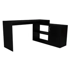FMFURNITURE - Escritorio En L con 1 Puerta 5 Repisas - Negro 76.5x151.5x116.5 cm.