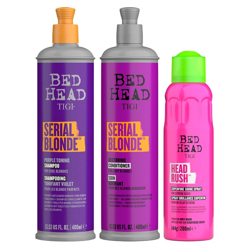 BED HEAD DE TIGI - Set Shampoo y Acondicionador para pelo rubio y Spray para Brillo