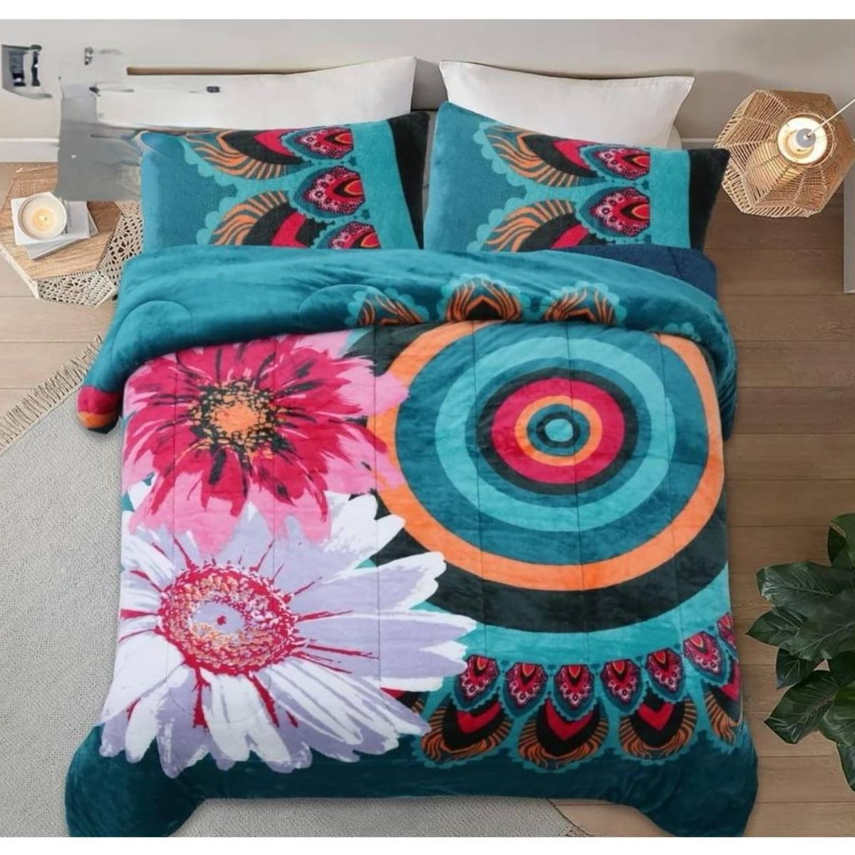 COMPRAPO - Cobertor Plush con chiporro Turquesa modelo Flores y Mandalas 2 plazas