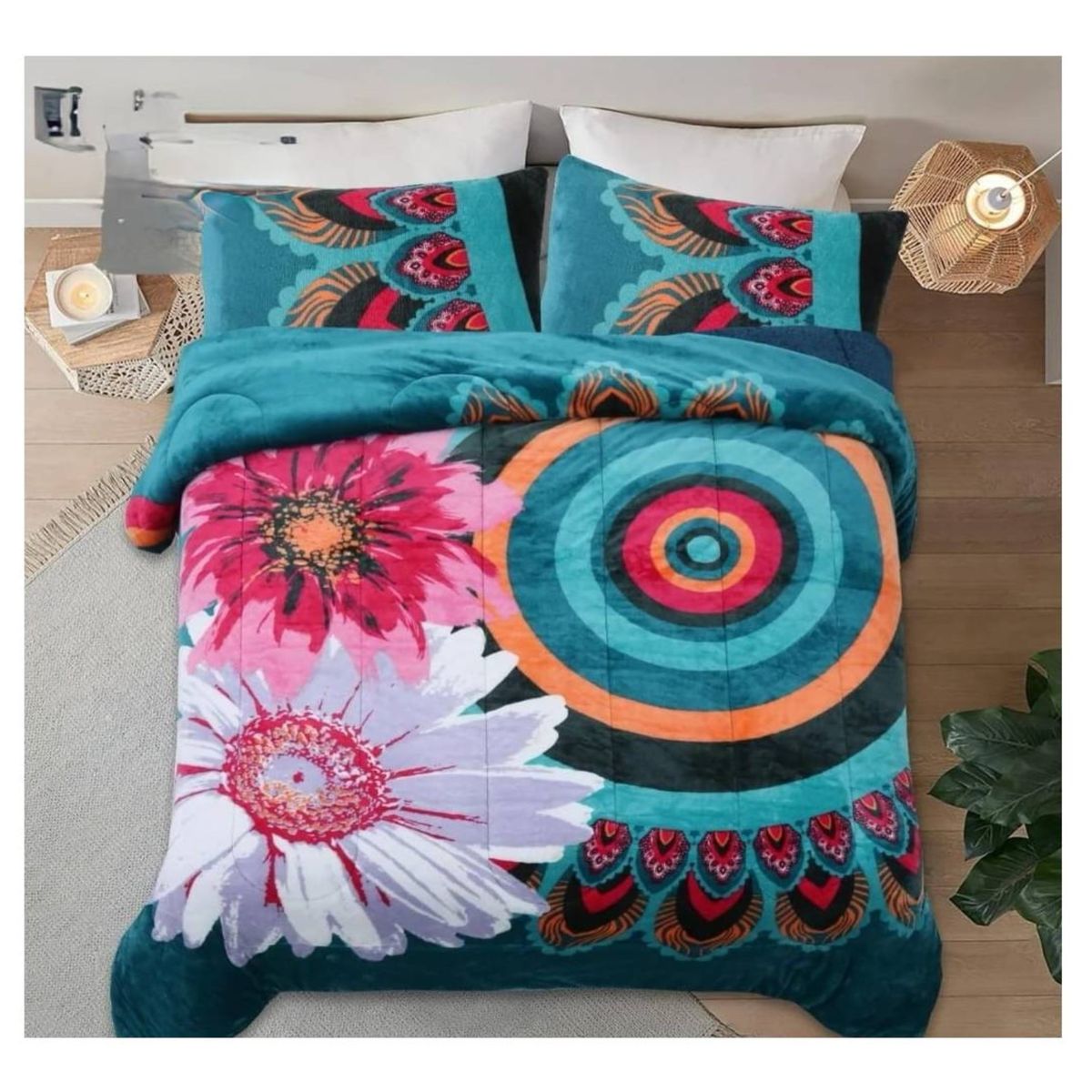 COMPRAPO - Cobertor Plush con chiporro Turquesa modelo Flores y Mandalas 2 plazas
