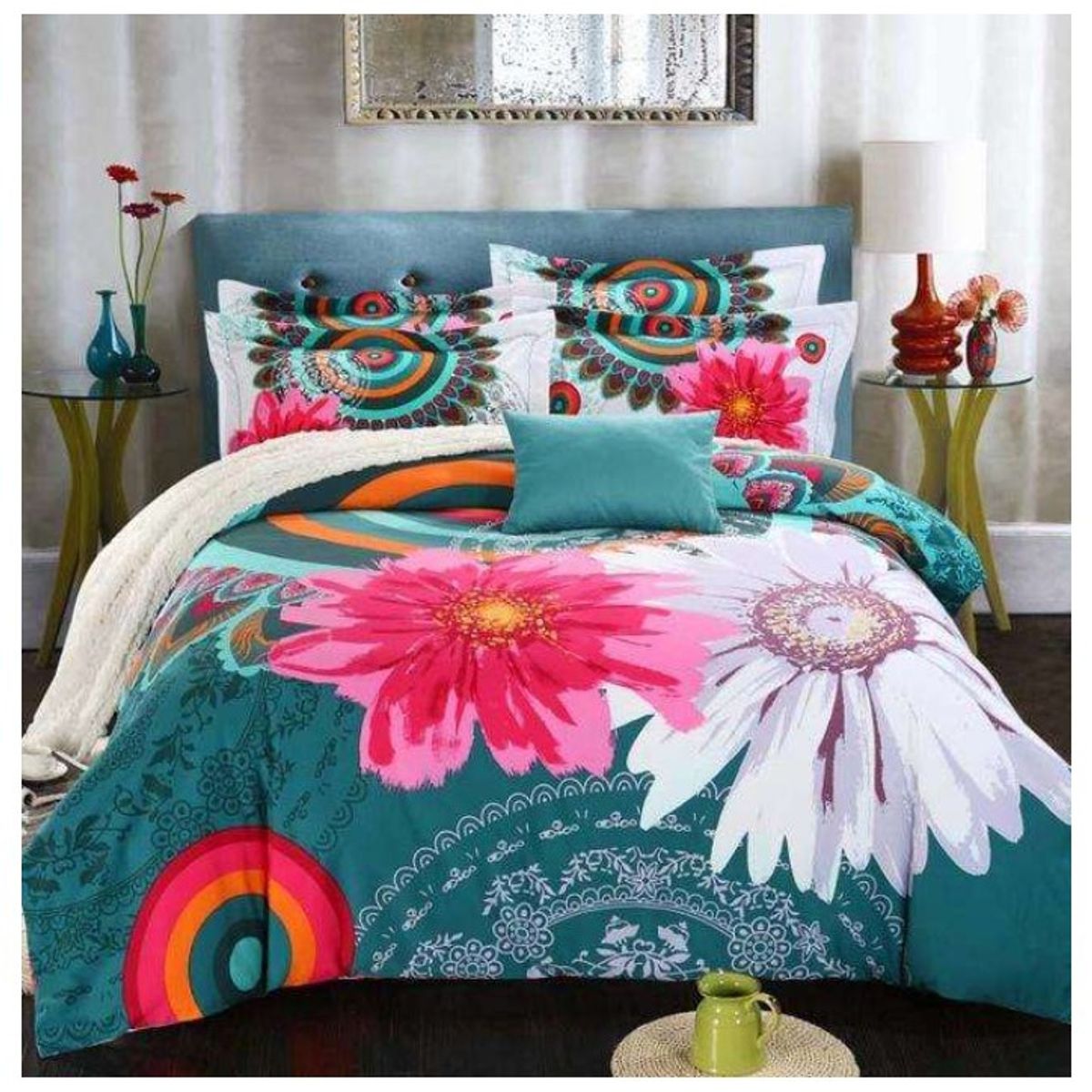 COMPRAPO - Cobertor Plush con chiporro Turquesa modelo Flores y Mandalas 2 plazas