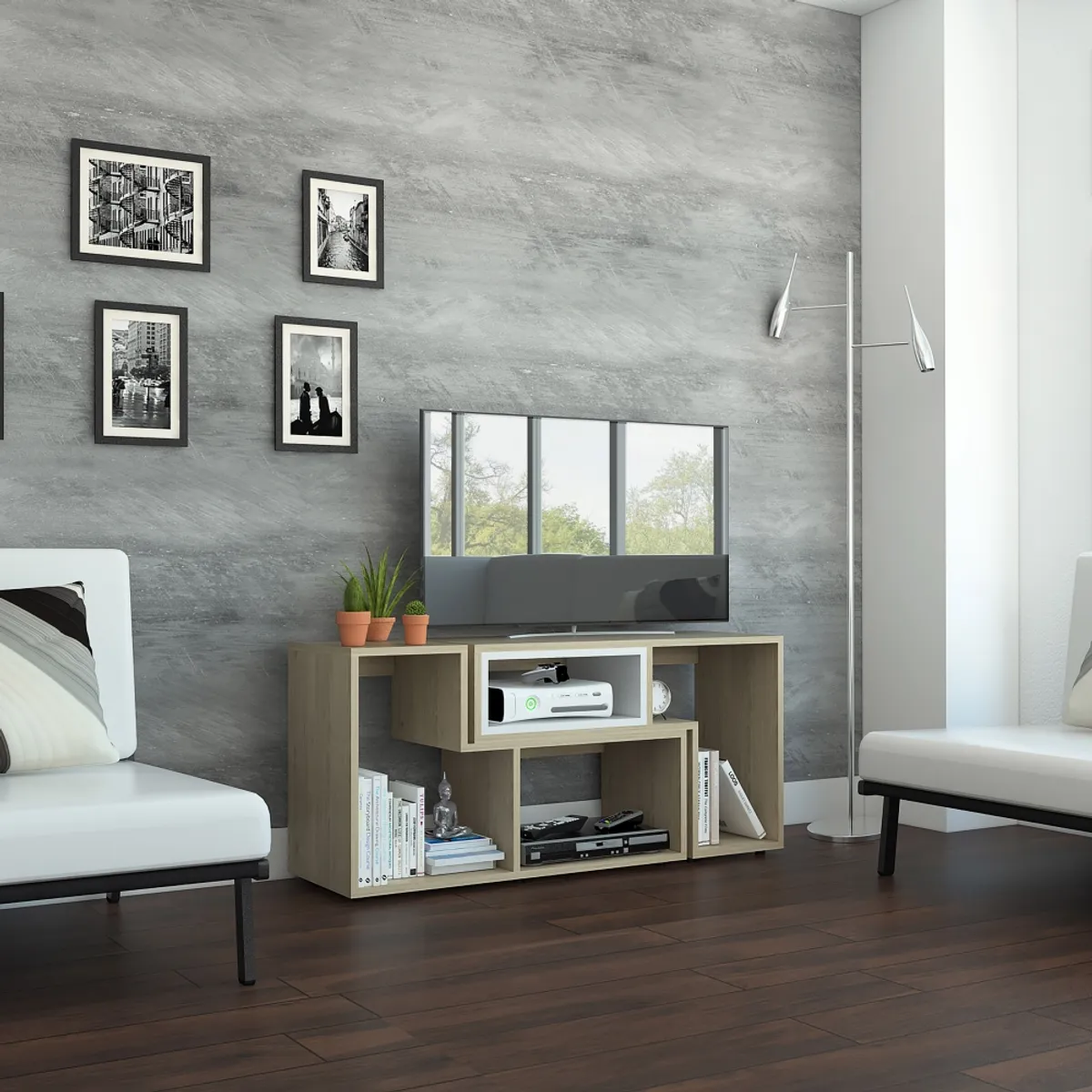 FMFURNITURE - Rack TV 40" Extensible Fm-001C - Cafe Claro / Blanco