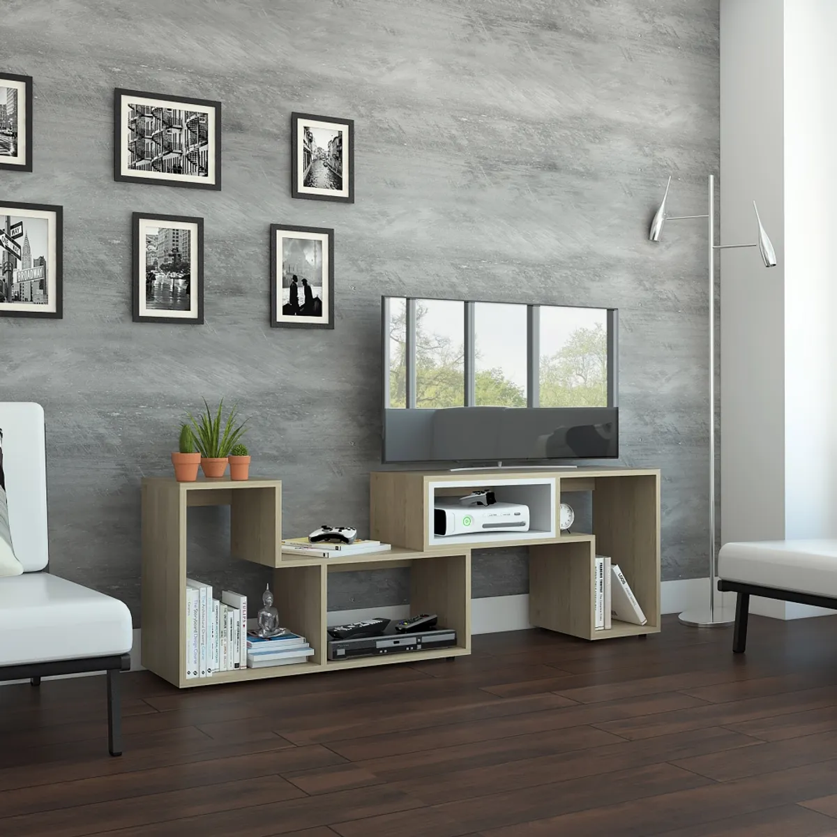 FMFURNITURE - Rack TV 40" Extensible Fm-001C - Cafe Claro / Blanco