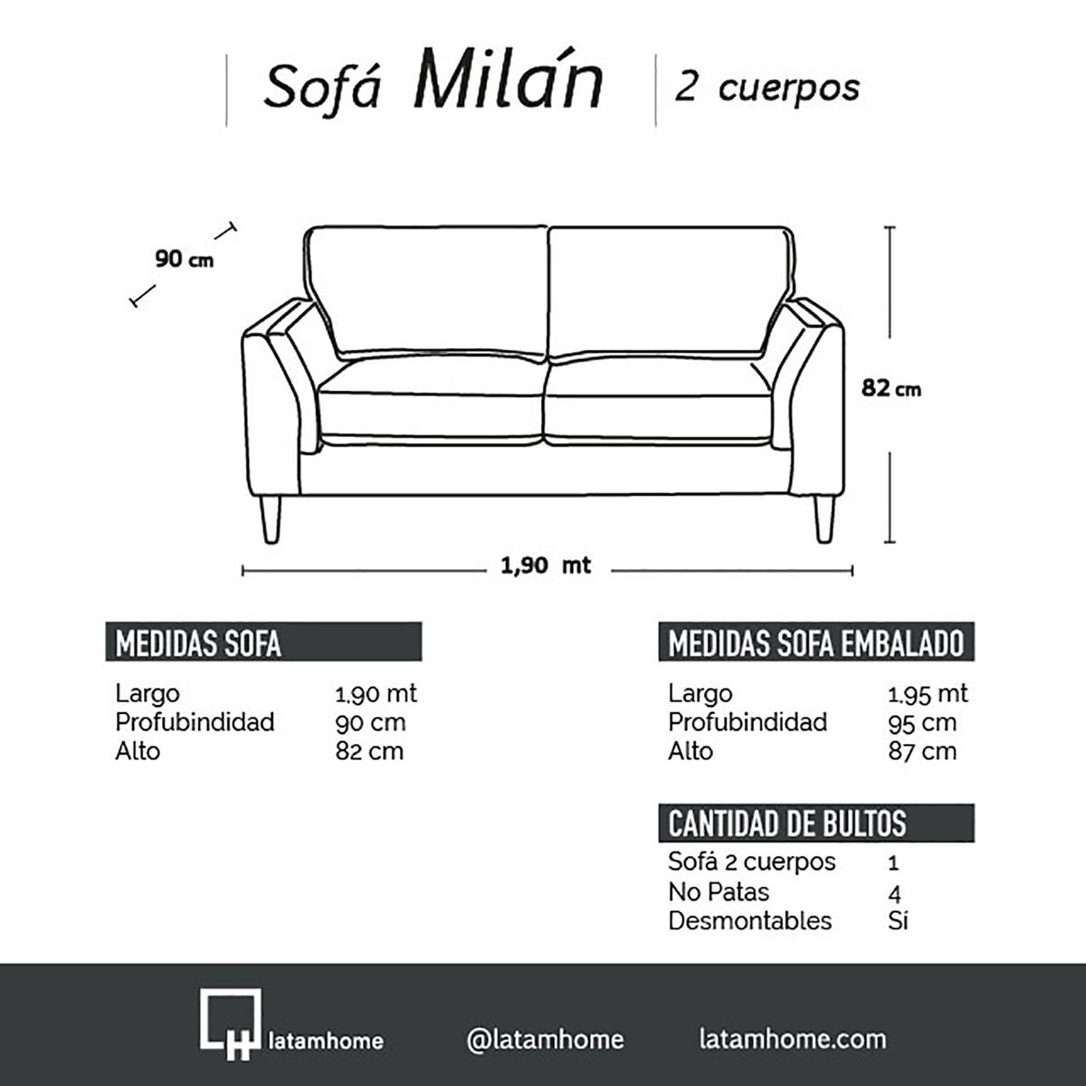 LATAM HOME - Sofá Milan 2C Tela Felpa Chocolate Con Asiento de Resortes Pocket
