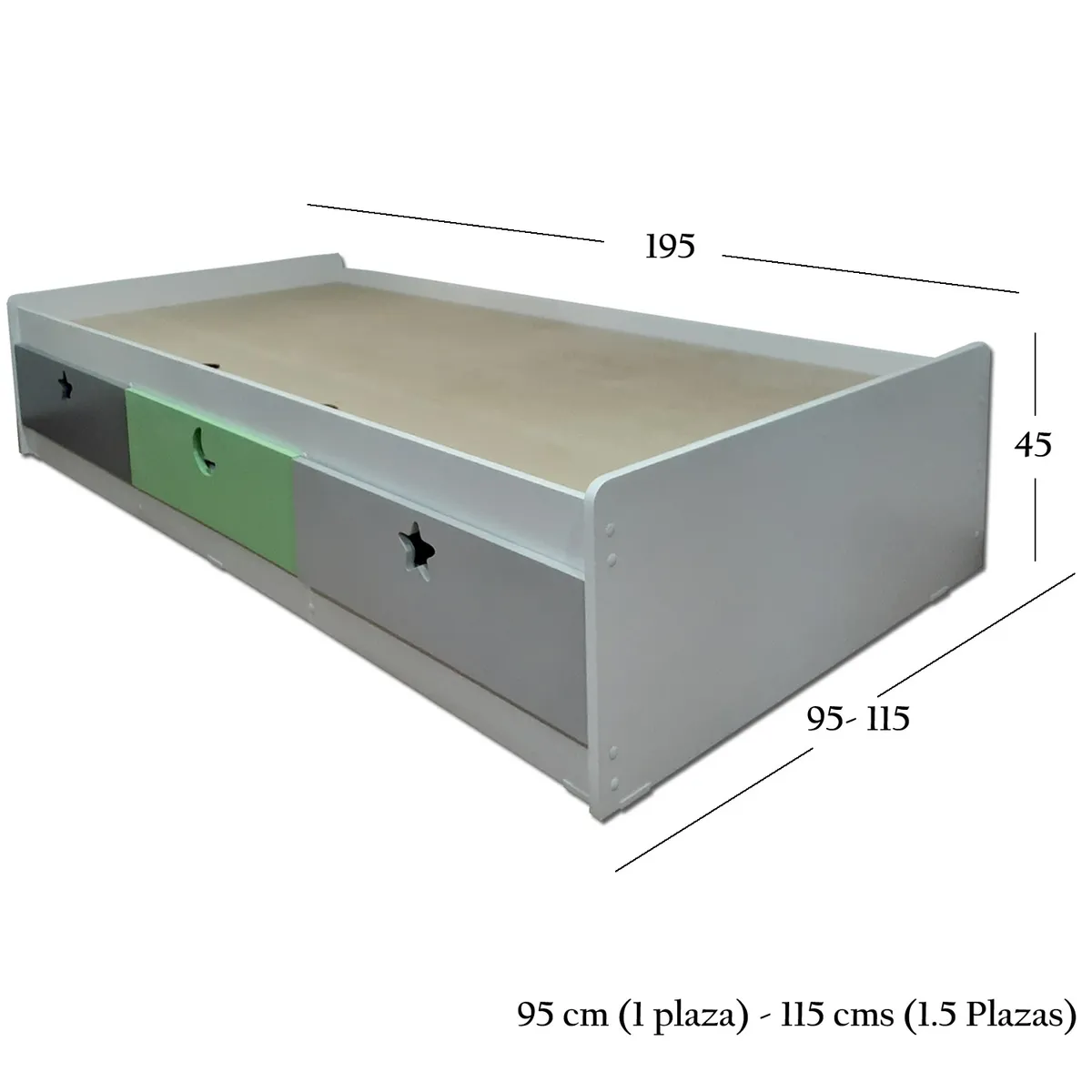 MUEBLES KIDS - cama de 3 cajones 1 plaza , VERDE  GRIS