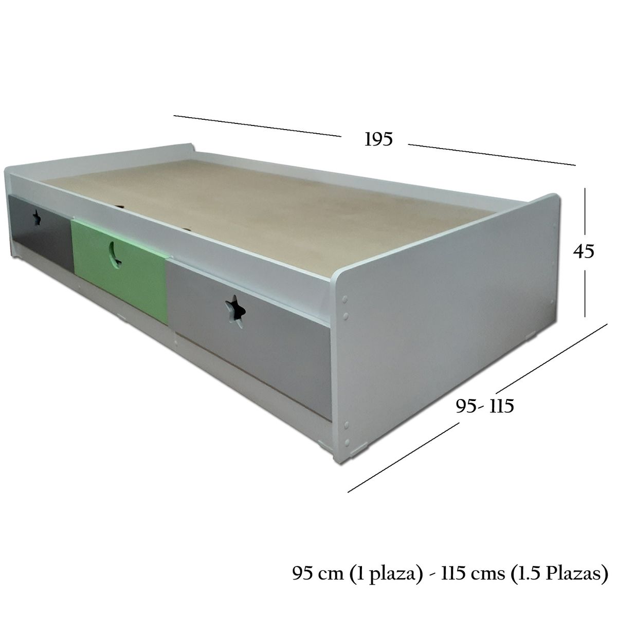 MUEBLES KIDS - cama de 3 cajones 1.5 plazas VERDE , GRIS