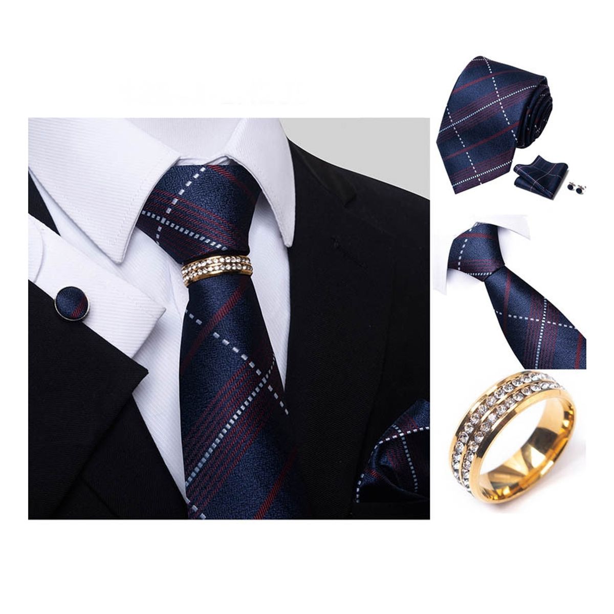 ZG JOYAS - Set Corbata Regalo Hombre Anillo Pañuelo Colleras Para Traje Y Padre