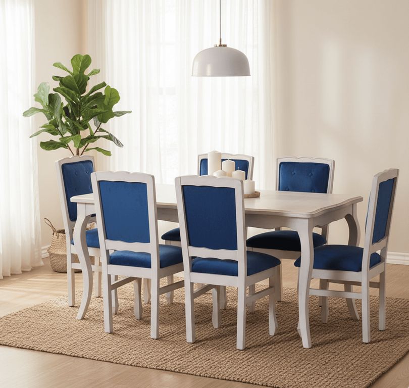 COMEDOR 6 Sillas NORMANDO 90X160 Respaldo Tapizado Azul