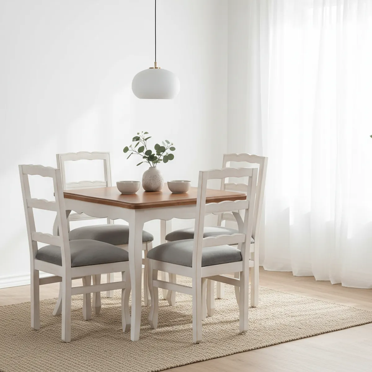 MUEBLES NATIVA - Comedor Normando 100X100 cubierta miel 4 sillas Tapiz gris