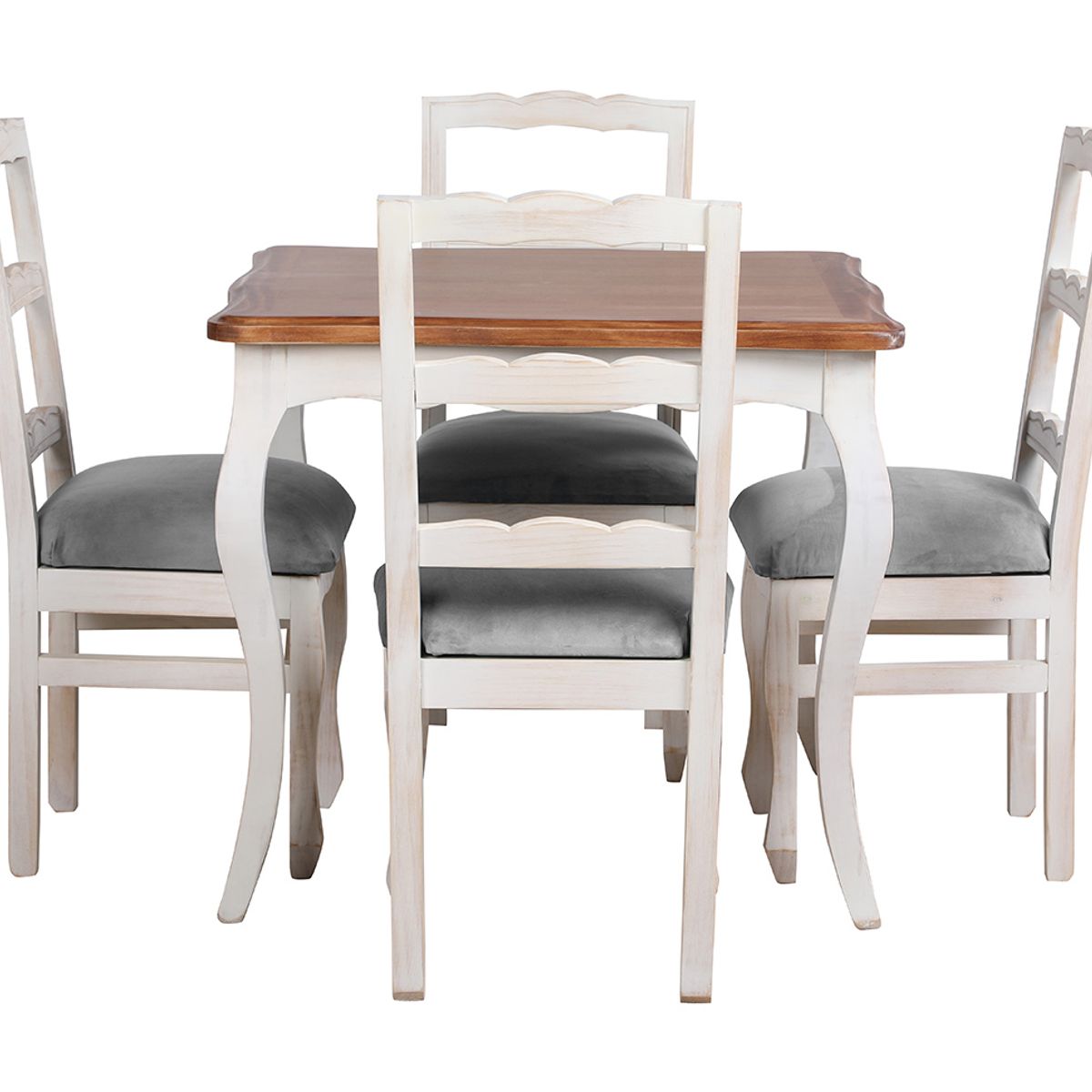 MUEBLES NATIVA - Comedor Normando 100X100 cubierta miel 4 sillas Tapiz gris