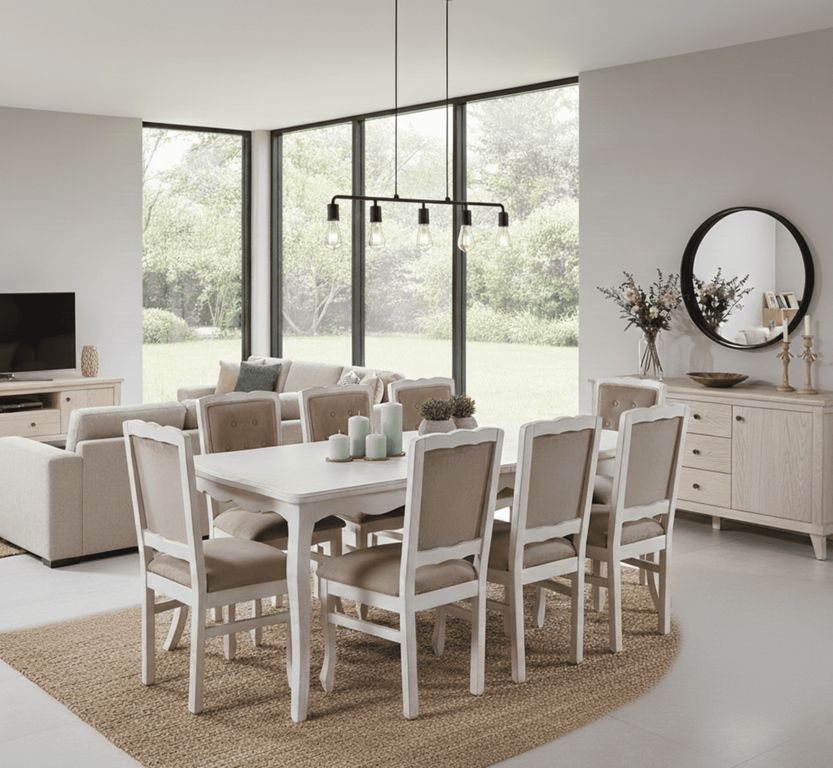COMEDOR 8 Sillas NORMANDO 100x200 Respaldo Tapizado Beige