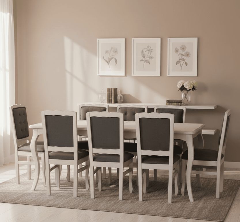 COMEDOR 8 SILLAS NORMANDO 100x200 Respaldo Tapizado Gris